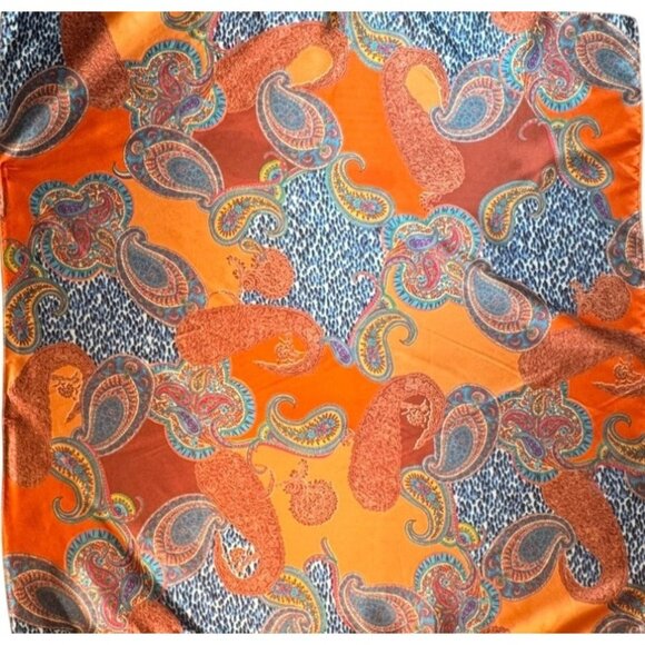 2/$30 Rich Design of Paisley Pattern Orange & Blue Silk Printed Fashion Scarf - Picture 7 of 9